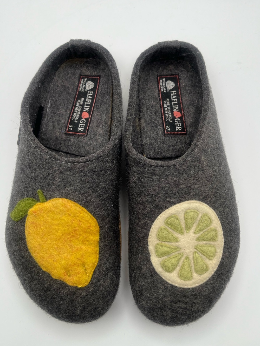 HAFLINGER Gray Boiled Wool Fruit Clogs Slippers Lemon Lime Applique 37 US 6-6.5
